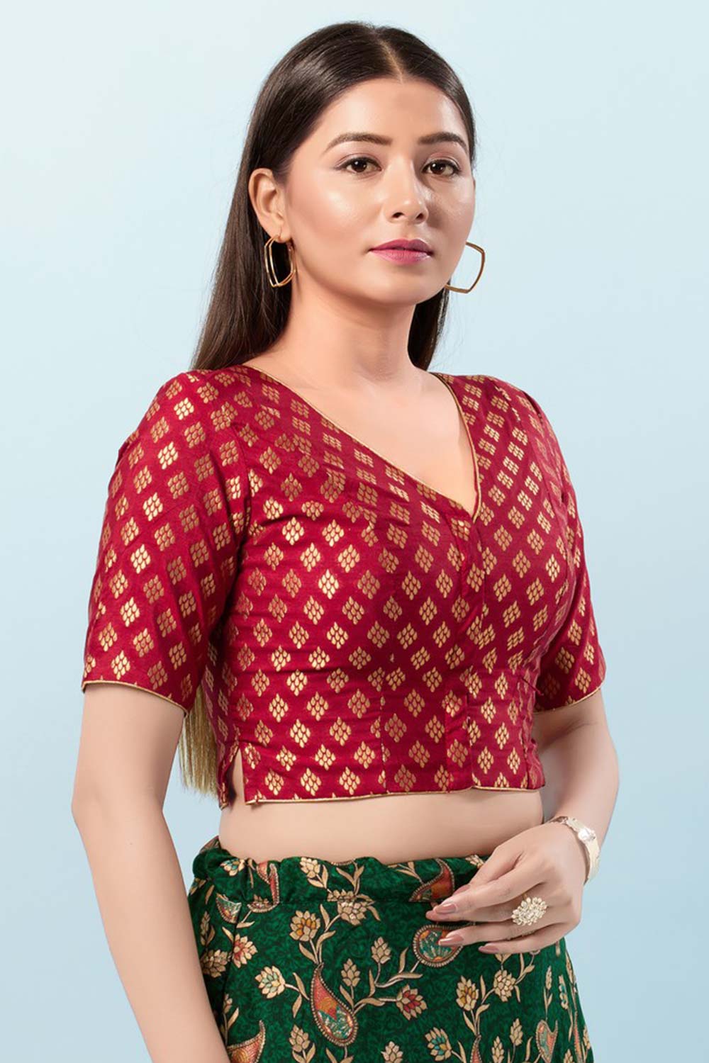 Maroon Brocade V-Neck Elbow Sleeves Blouse