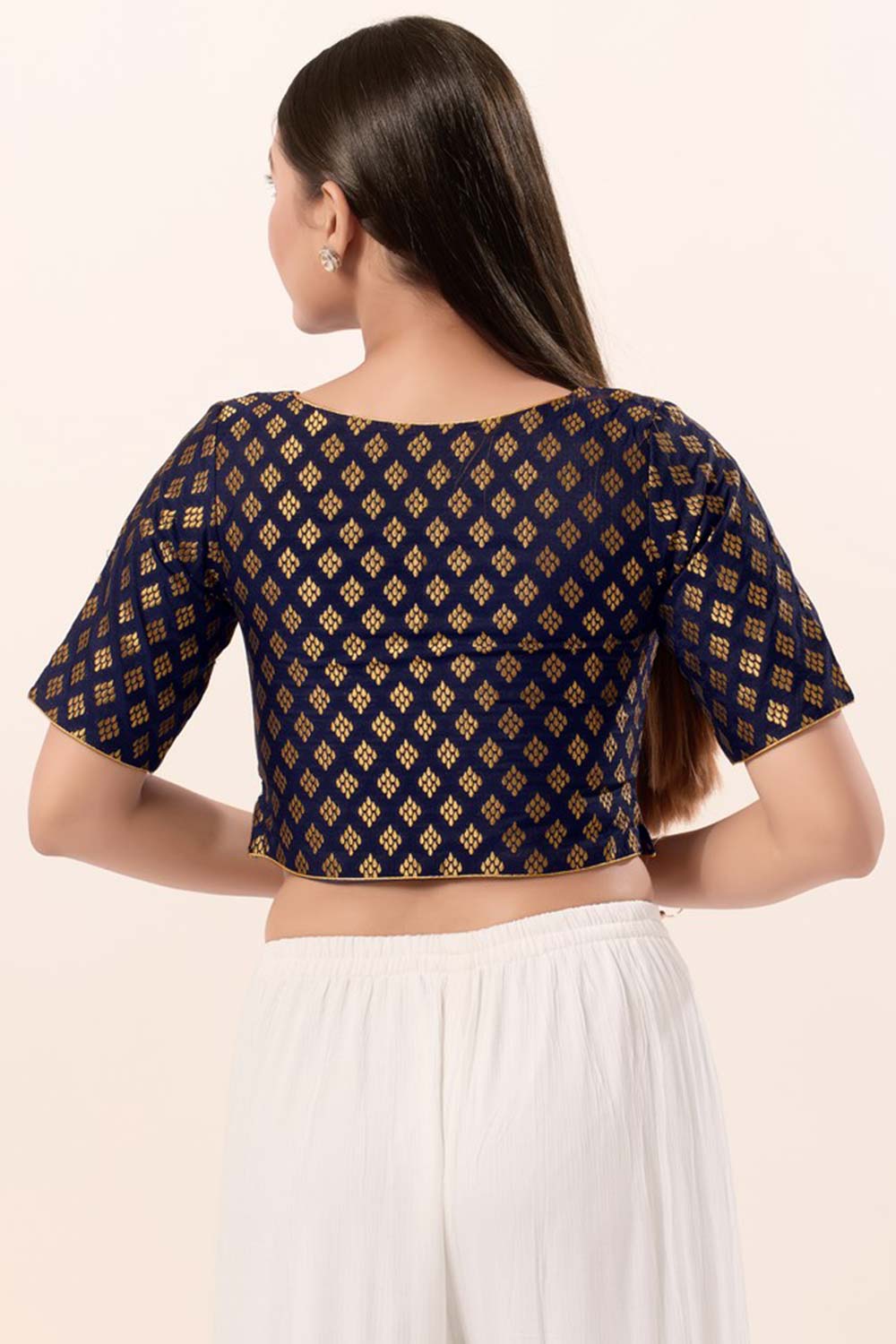 Navy Blue Brocade V-Neck Elbow Sleeves Blouse