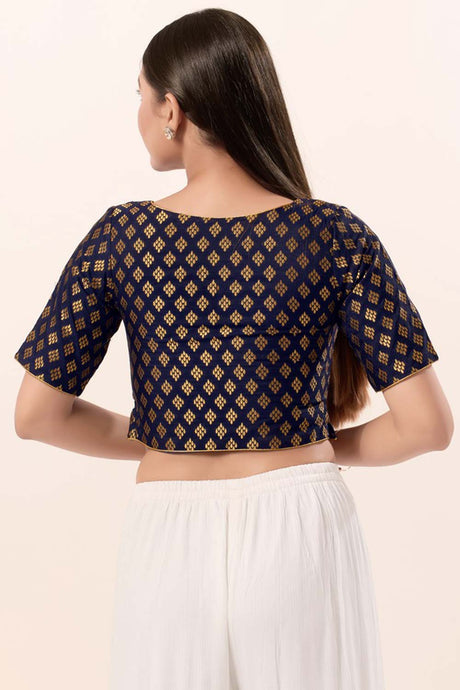 Navy Blue Brocade V-Neck Elbow Sleeves Blouse