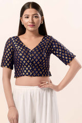 Navy Blue Brocade V-Neck Elbow Sleeves Blouse