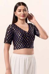 Navy Blue Brocade V-Neck Elbow Sleeves Blouse