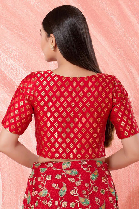 Red Brocade V-Neck Elbow Sleeves Blouse