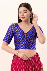 Royal Blue Brocade V-Neck Elbow Sleeves Blouse