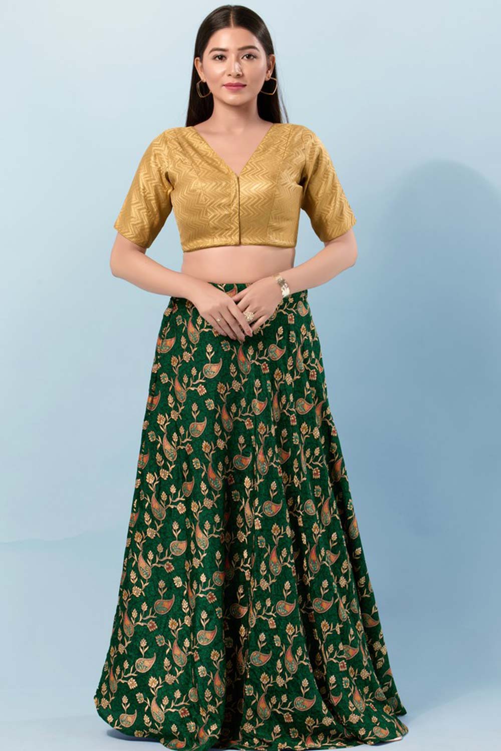 Gold Brocade V-Neck Elbow Sleeves Blouse