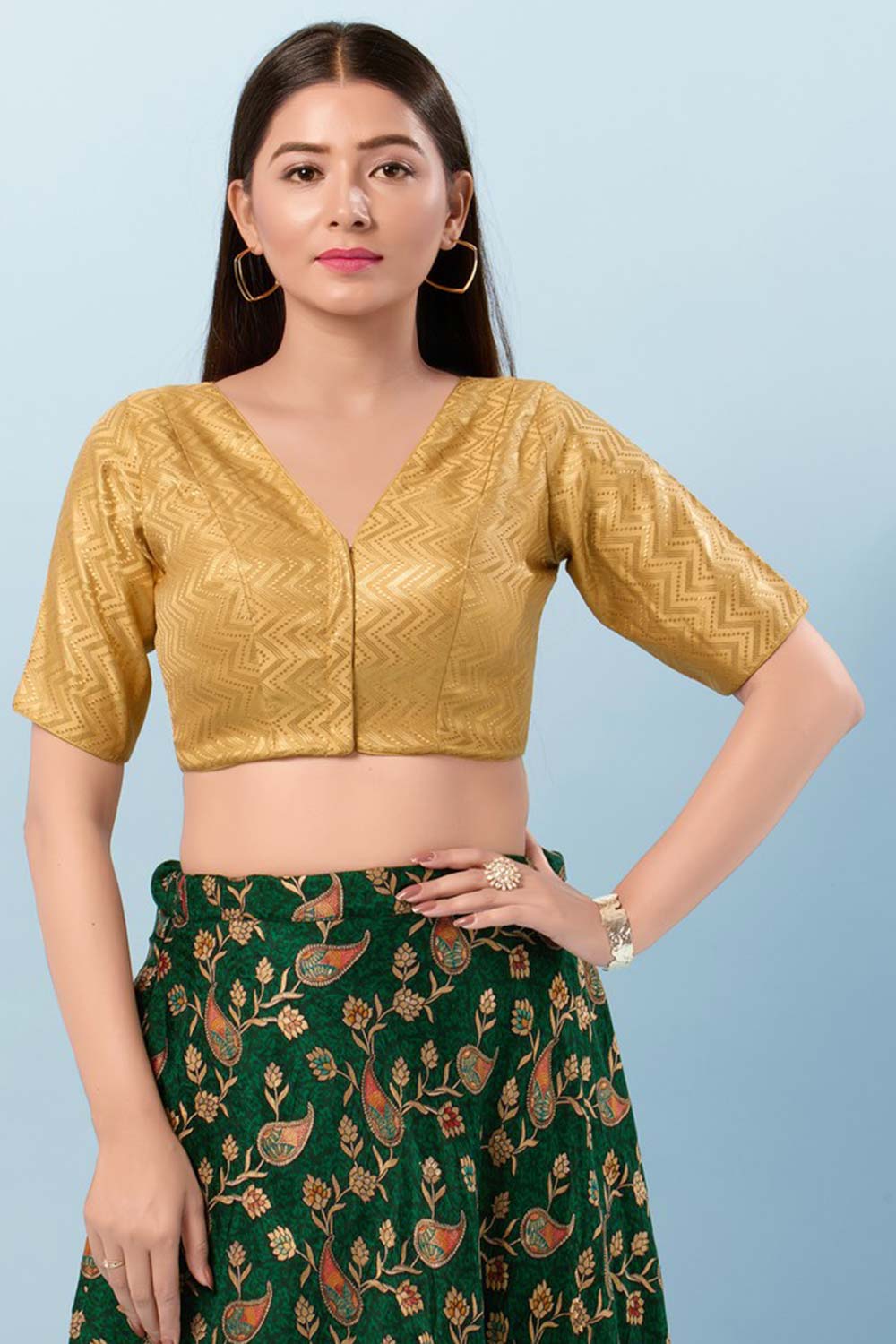 Gold Brocade V-Neck Elbow Sleeves Blouse