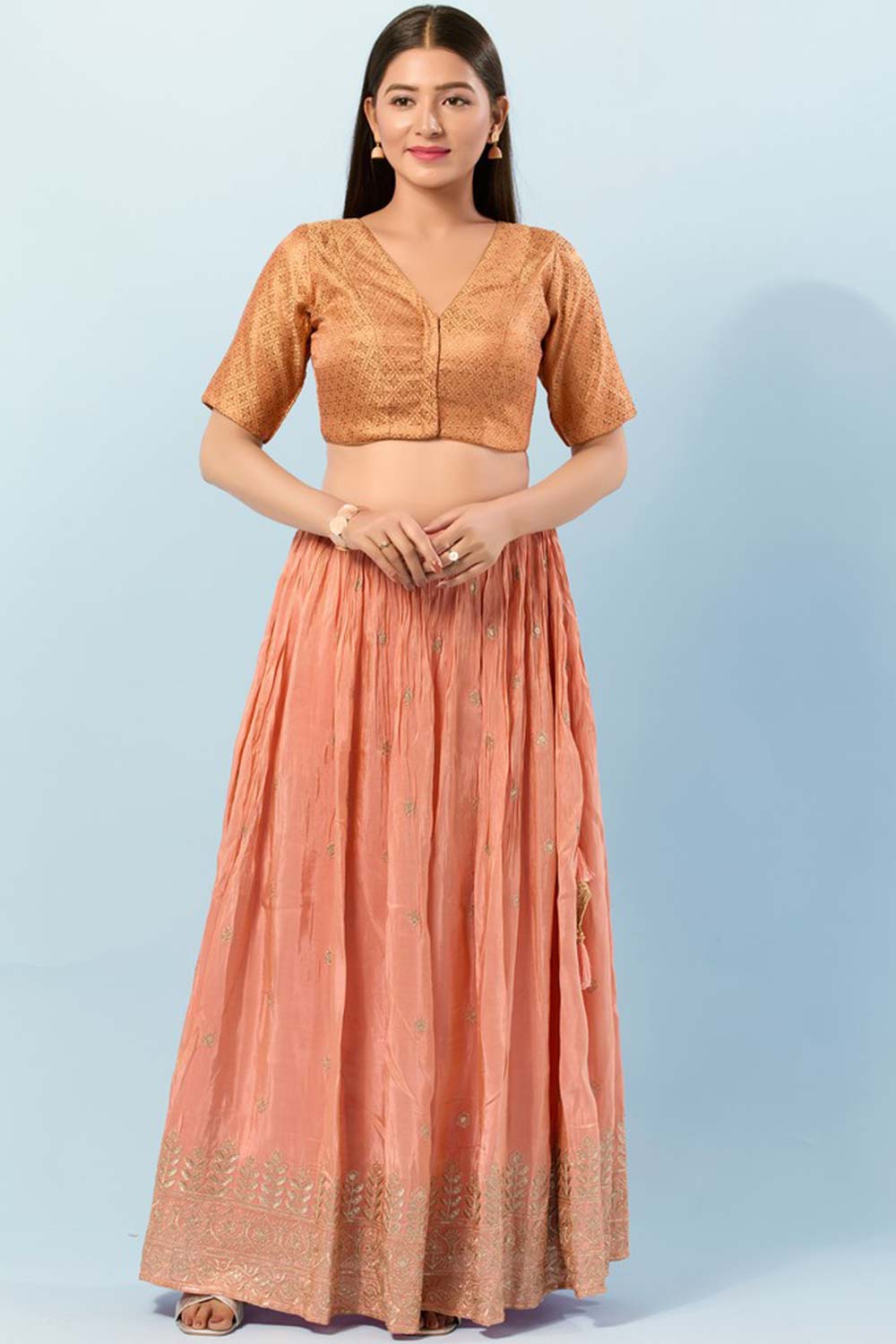 Rose Gold Brocade V-Neck Elbow Sleeves Blouse