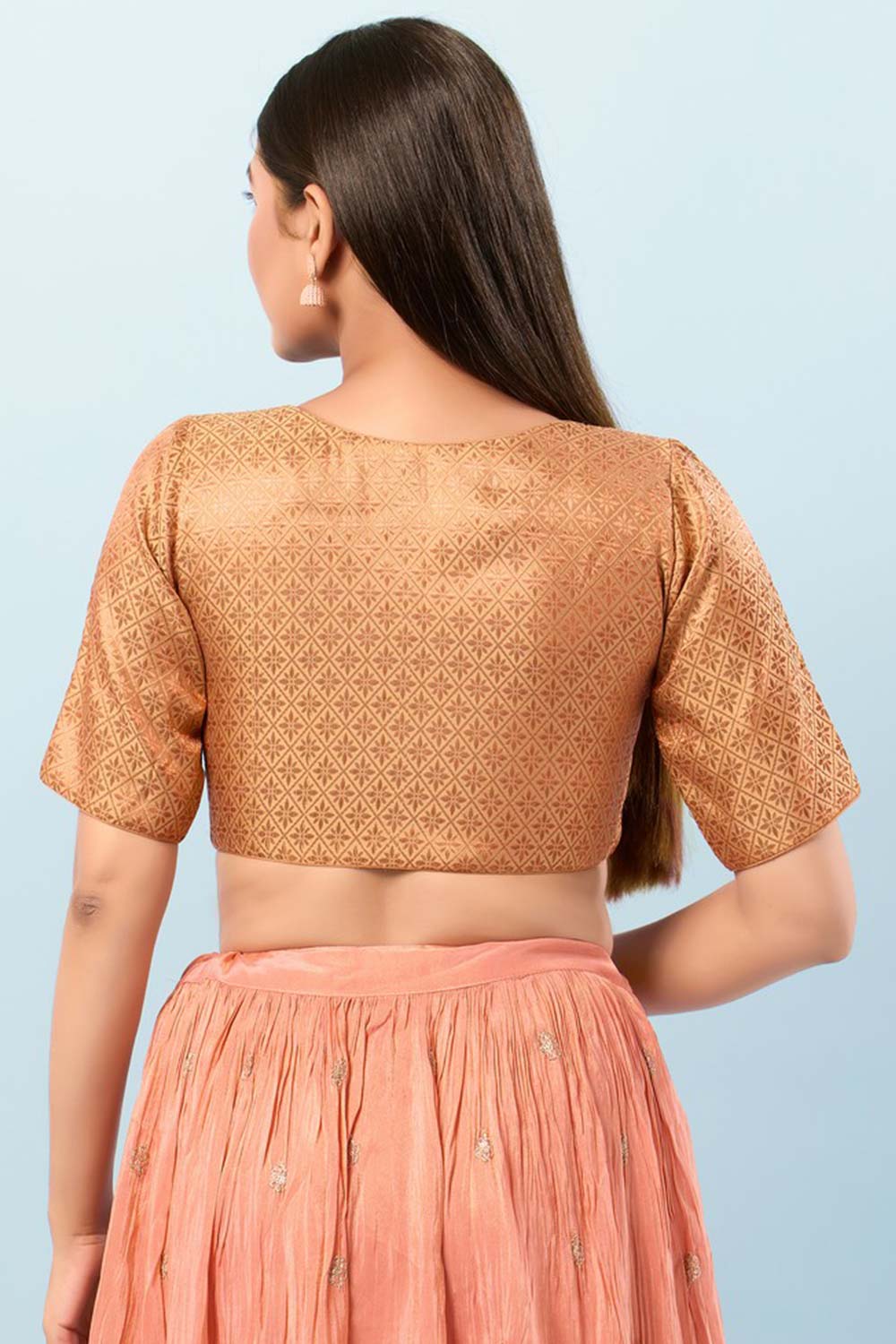 Rose Gold Brocade V-Neck Elbow Sleeves Blouse