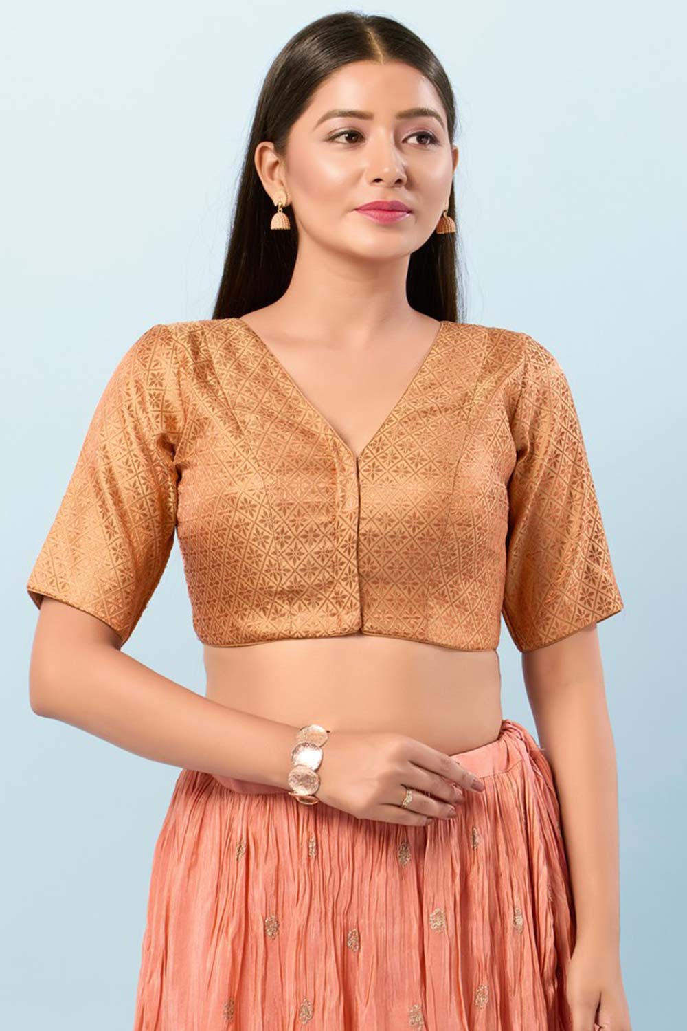 Rose Gold Brocade V-Neck Elbow Sleeves Blouse