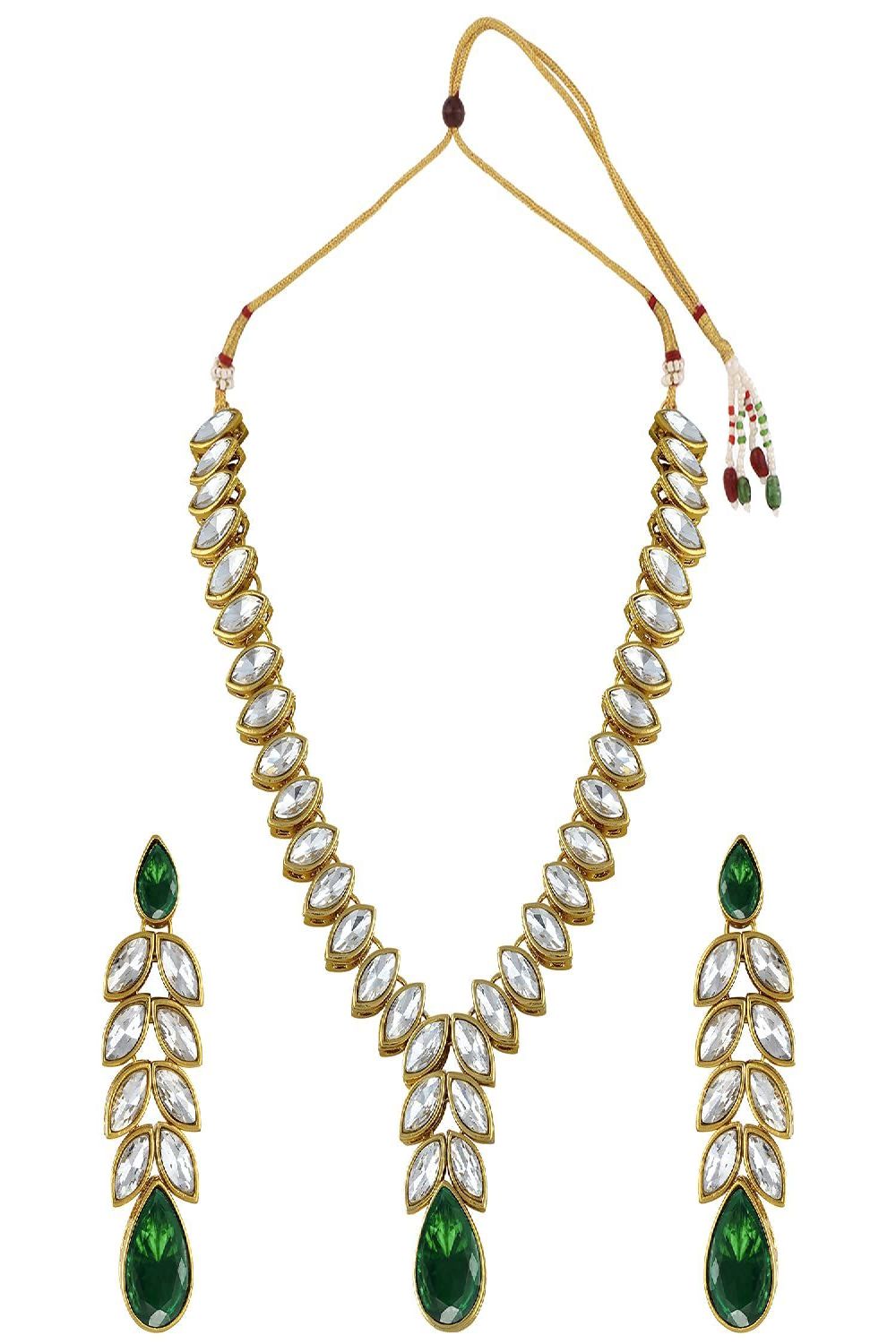 Gold Plated Traditional Blue Stone Studded Necklace Jewellery Set with Dangle Earrings