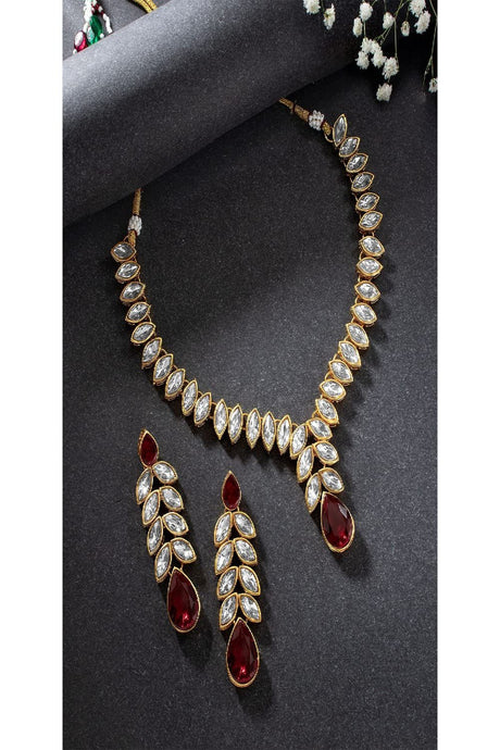 Gold Plated Traditional Blue Stone Studded Necklace Jewellery Set with Dangle Earrings