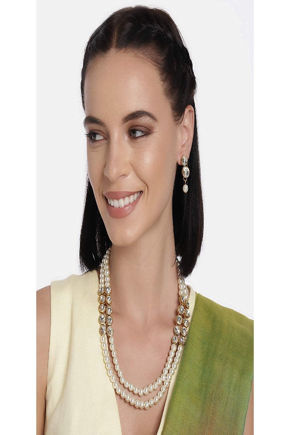 Gold Plated Traditional Stunning White Stone Studded Layered Pearl Necklace Jewellery Set with Earrings