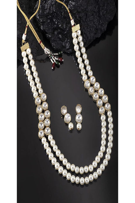 Gold Plated Traditional Stunning White Stone Studded Layered Pearl Necklace Jewellery Set with Earrings