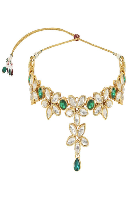 Gold Plated Traditional Floral Design Kundan Studed Necklace Jewellery Set with Earrings