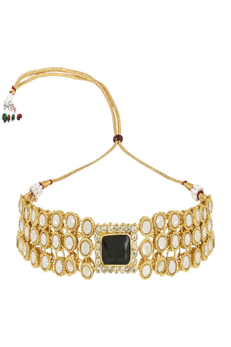 Gold Plated Traditional Handcrafted Stone Kundan Studded Choker Necklace Jewellery Set With Earrings