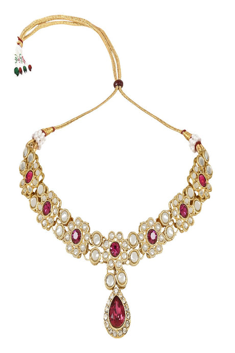 Gold Plated Traditional Floral Design Kundan Stones Studed Necklace Jewellery Set with Earrings & Maang T