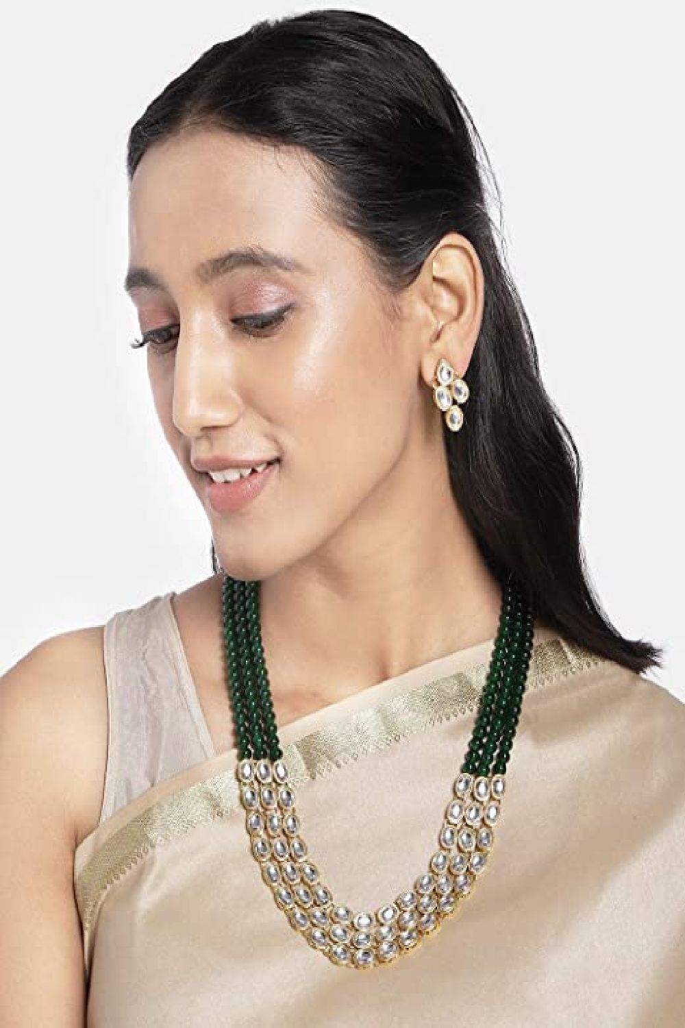 Glittery Gold Plated Kundan and Pearl Layered discount Necklace Set For Women and Girls