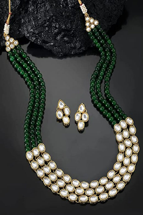 Gold Plated Traditional Stunning White Kundan Studded Layered Pearl Necklace Jewellery Set with Earrings