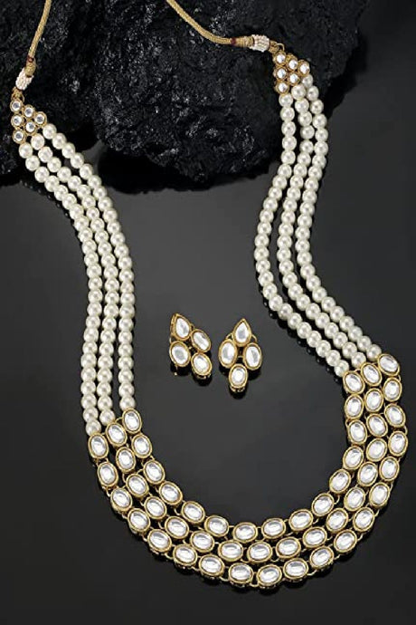 Gold Plated Traditional Stunning White Kundan Studded Layered Pearl Necklace Jewellery Set with Earrings