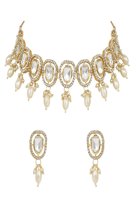Gold Plated Artificial Stone Kundan Pearl Chocker Necklace Jewellery With Earrings Set