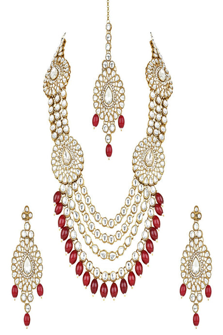 Gold Plated Traditional Multi Layered Kundan Pearl Bridal Necklace Jewellery with Earrings & Maang Tikka