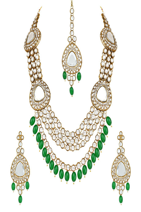 Gold Plated Traditional Multi Layered Pearl Kundan Bridal Necklace Jewellery with Dangle Earrings & Maang