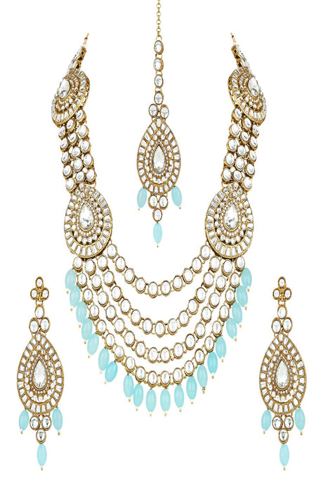 Gold Plated Traditional Multi Layered Pearl Kundan Bridal Necklace Jewellery with Dangle Earrings & Maang