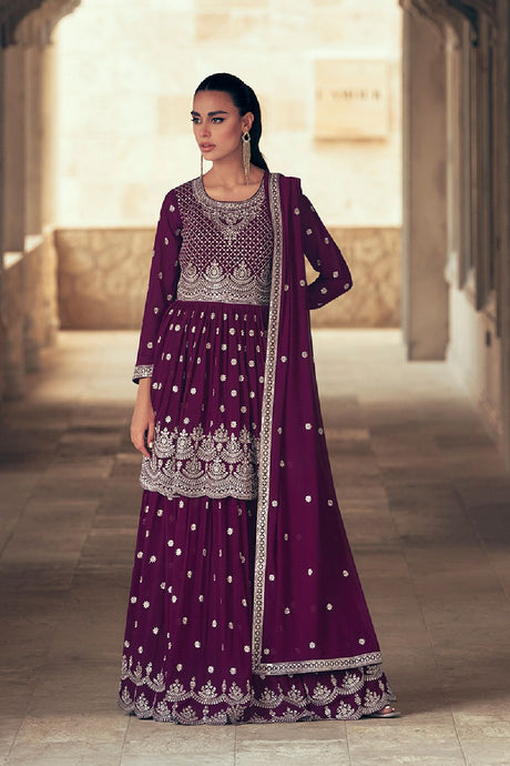 Women's Dark-purple Pure Georgette Zari Work Salwar Kameez Suit Set