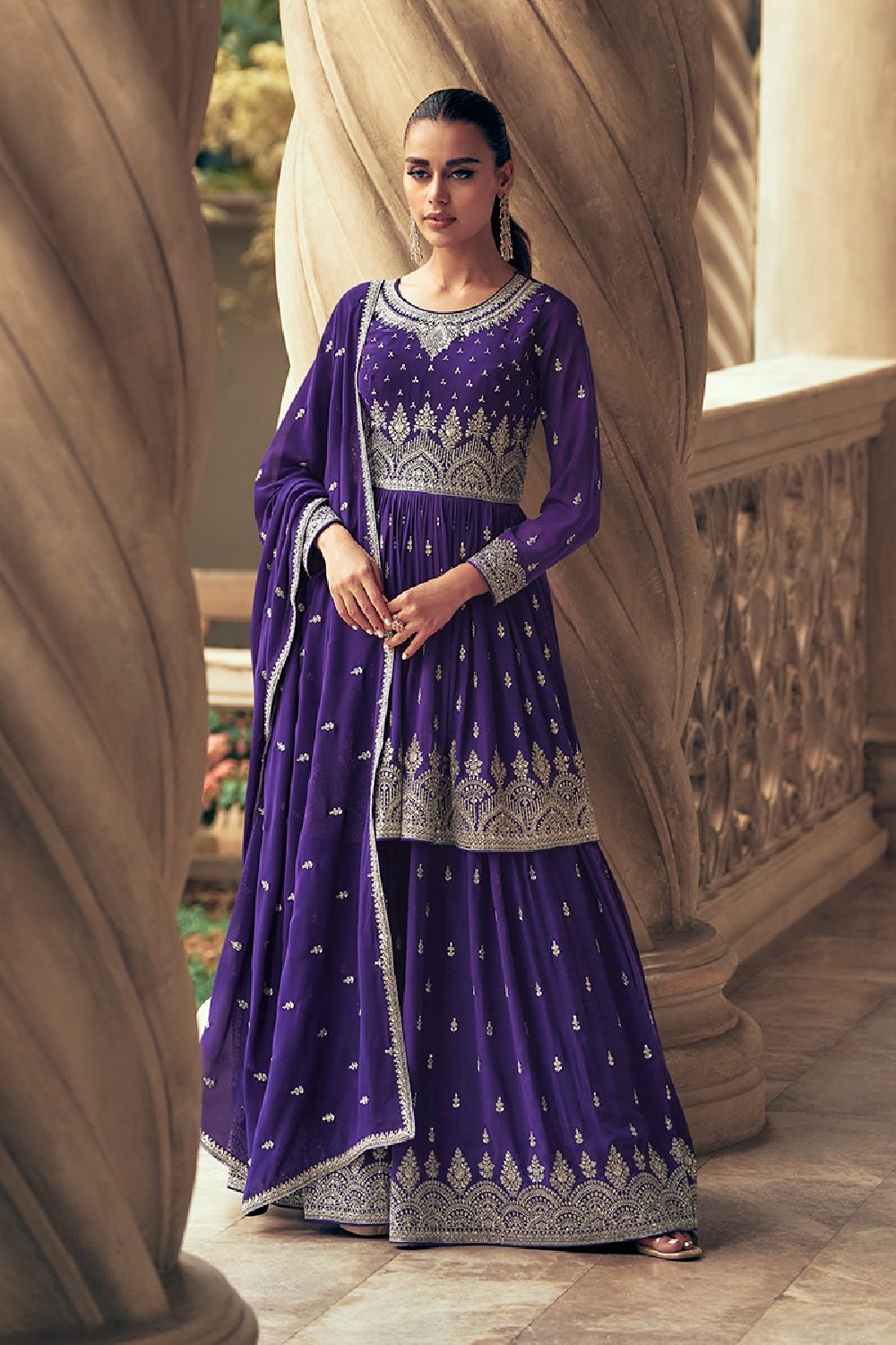 Women's Dark-Violet Pure Georgette Zari Work Salwar Kameez Suit Set