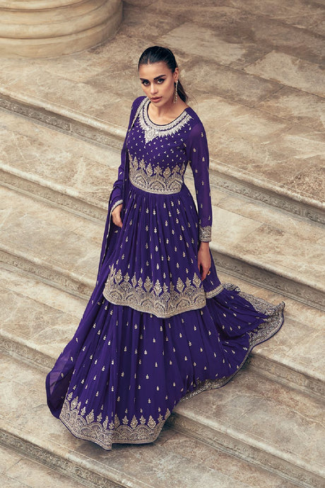 Women's Dark-violet Pure Georgette Zari Work Salwar Kameez Suit Set