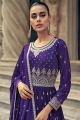 Women's Dark-Violet Pure Georgette Zari Work Salwar Kameez Suit Set