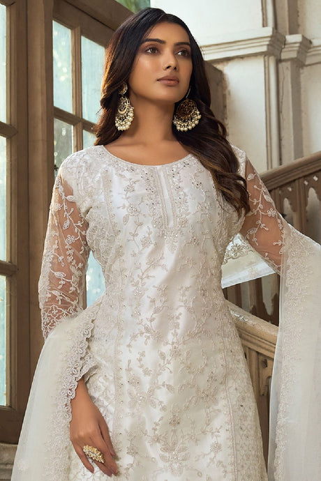 Women's Off-white Net Embroidered Dori Salwar Kameez Suit Set