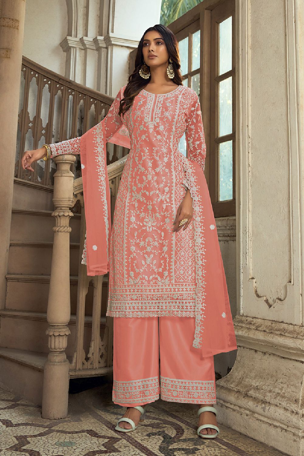 Women's Peach Net Embroidered Dori Salwar Kameez Suit Set