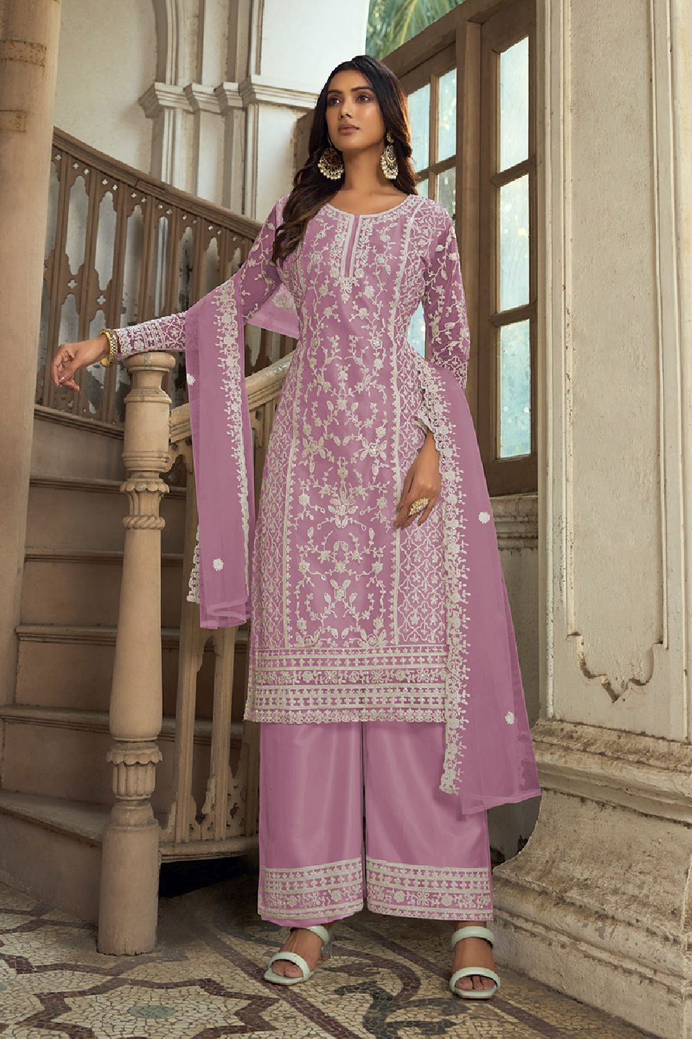 Women's Lilac Net Embroidered Dori Salwar Kameez Suit Set