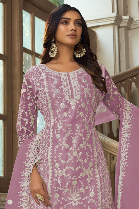 Women's Lilac Net Embroidered Dori Salwar Kameez Suit Set