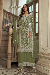 Women's Olive Net Embroidered Dori Salwar Kameez Suit Set