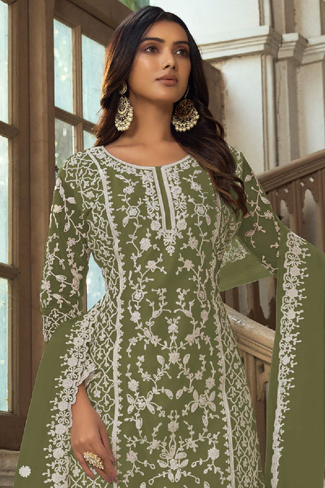 Women's Olive Net Embroidered Dori Salwar Kameez Suit Set