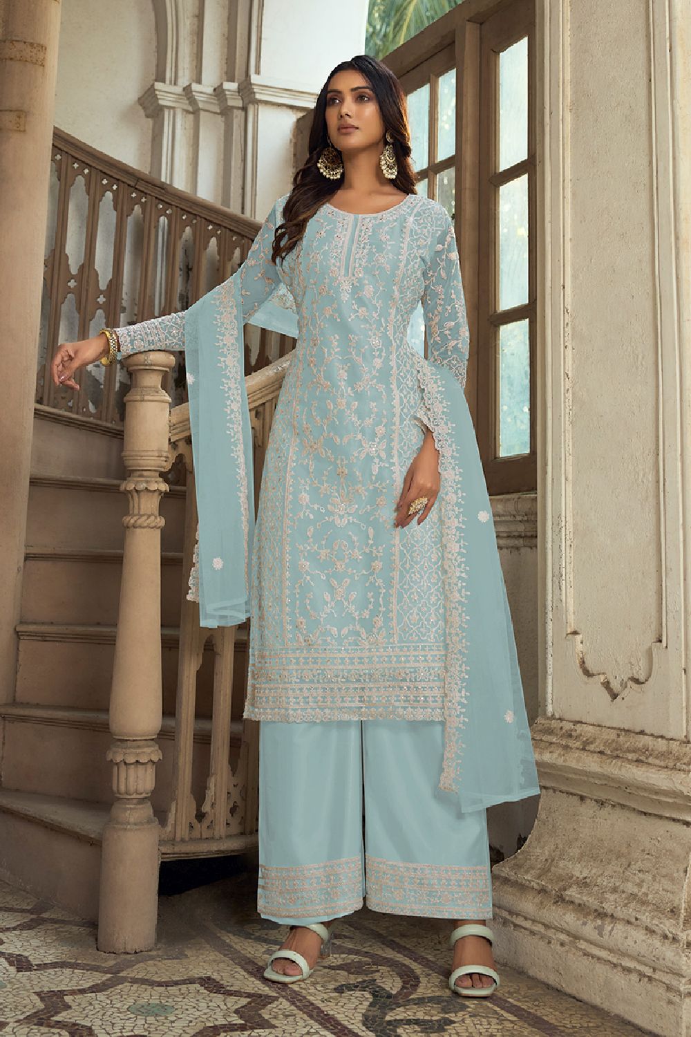 Women's Sky-Blue Net Embroidered Dori Salwar Kameez Suit Set