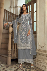 Women's Grey Net Embroidered Dori Salwar Kameez Suit Set