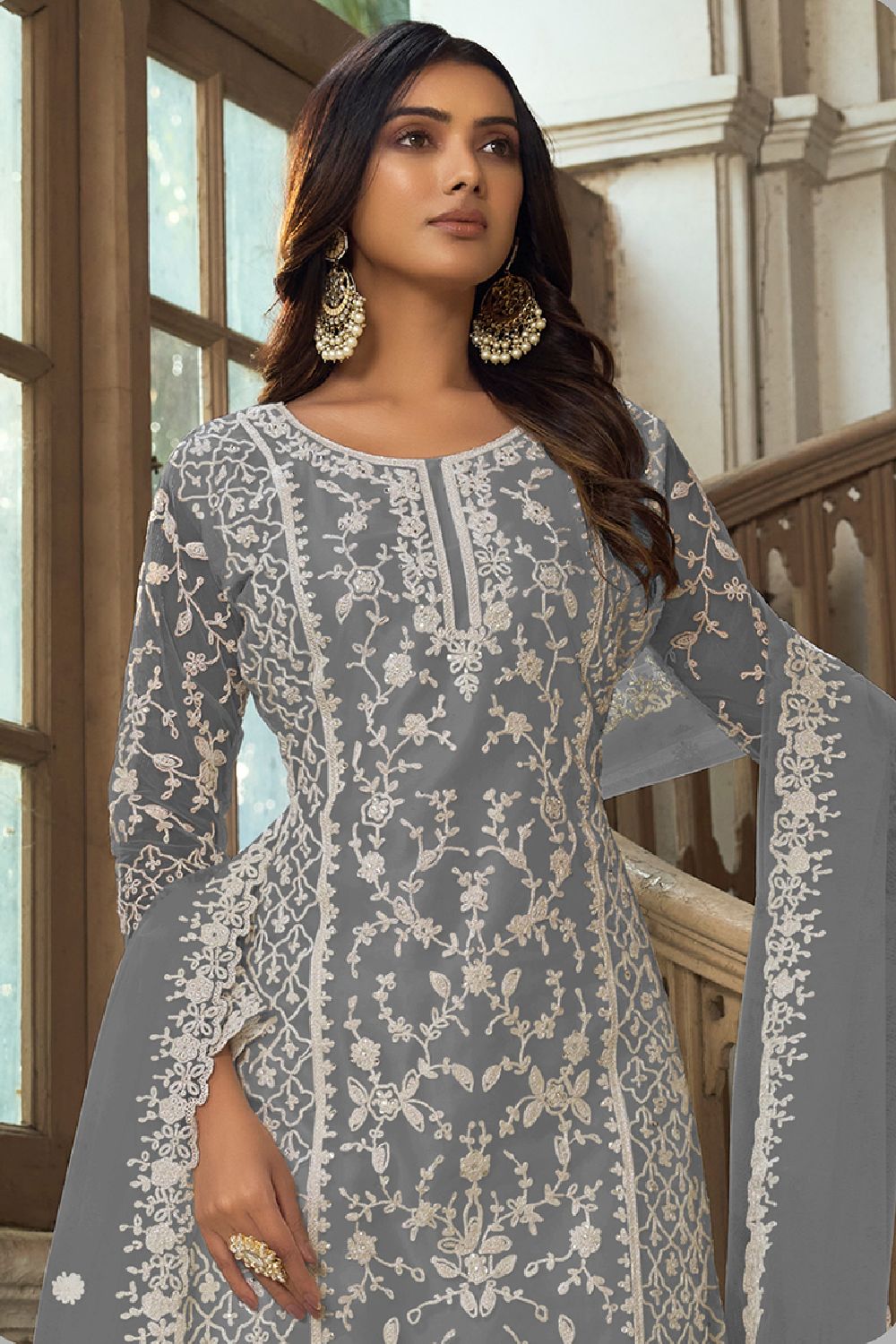 Women's Grey Net Embroidered Dori Salwar Kameez Suit Set