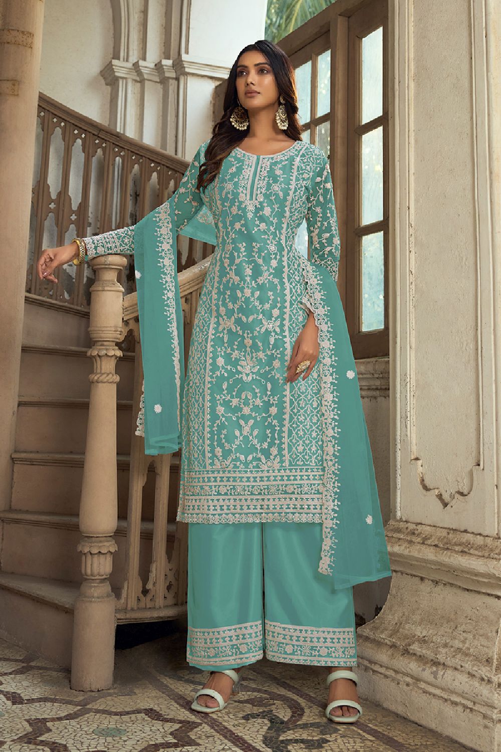 Women's Turquoise Net Embroidered Dori Salwar Kameez Suit Set