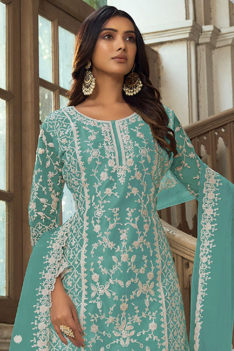 Women's Turquoise Net Embroidered Dori Salwar Kameez Suit Set