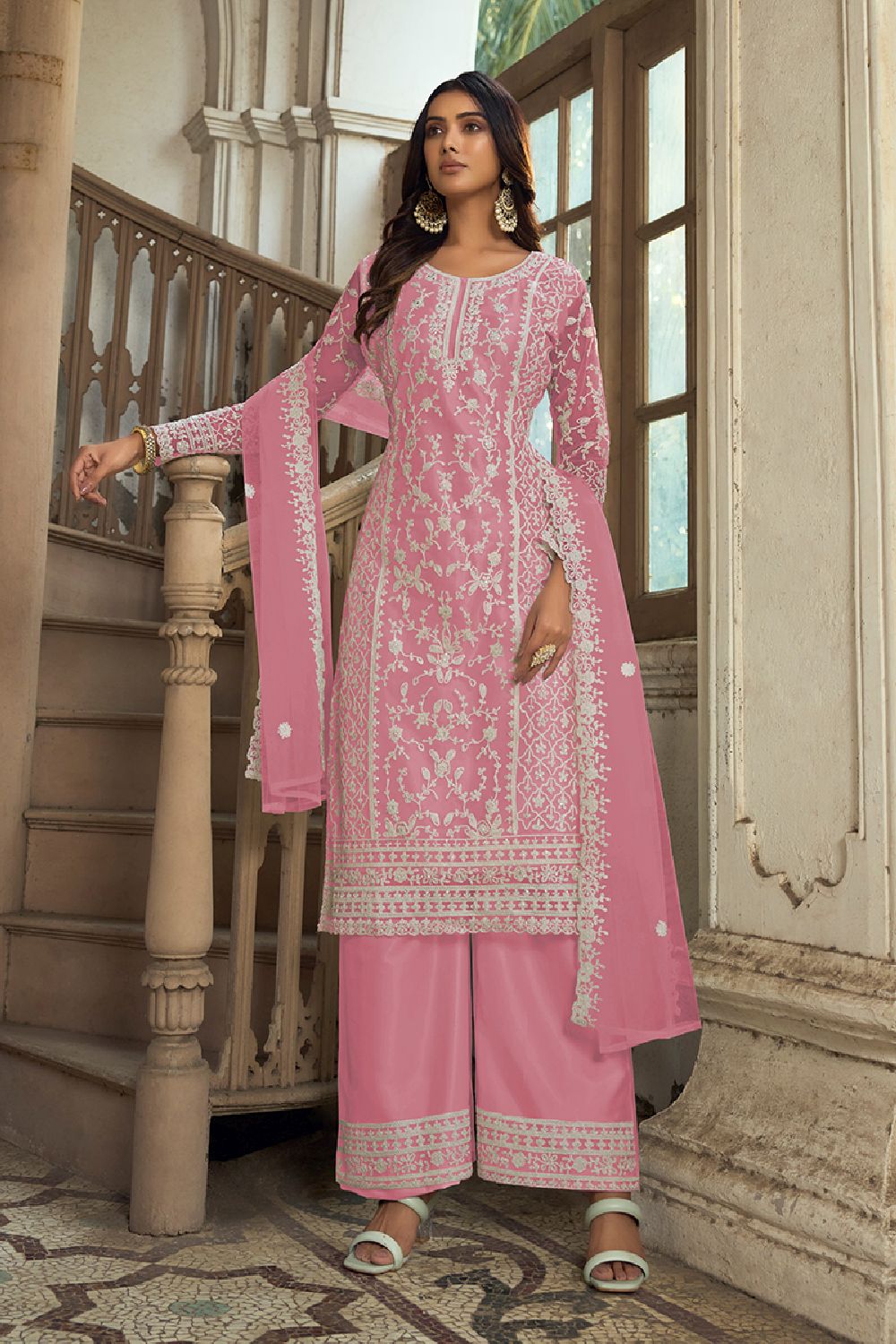 Women's Rose Net Embroidered Dori Salwar Kameez Suit Set