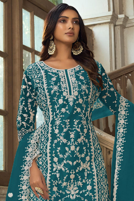 Women's Teal-blue Net Embroidered Dori Salwar Kameez Suit Set