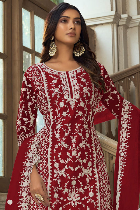 Women's Maroon Net Embroidered Dori Salwar Kameez Suit Set