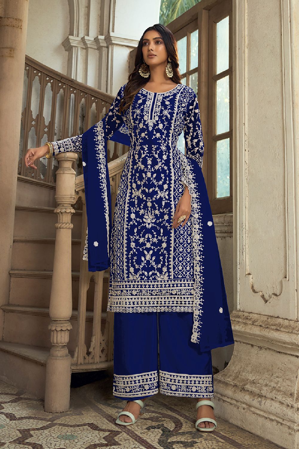 Women's Navy-Blue Net Embroidered Dori Salwar Kameez Suit Set