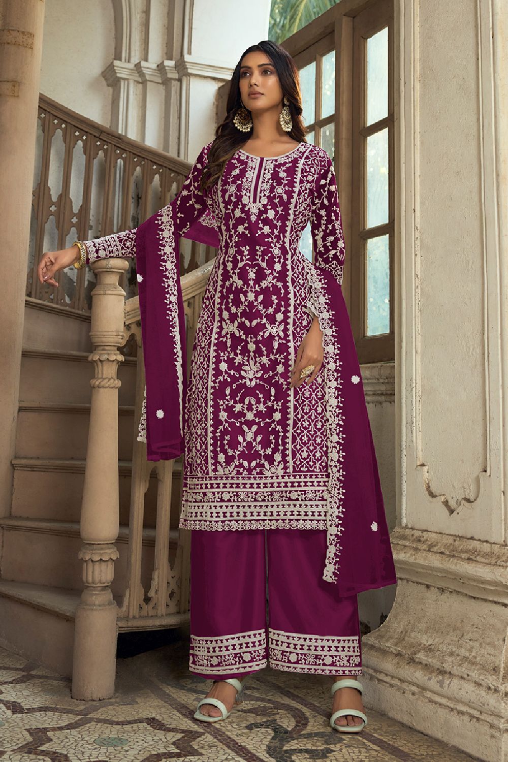 Women's Purple Net Embroidered Dori Salwar Kameez Suit Set