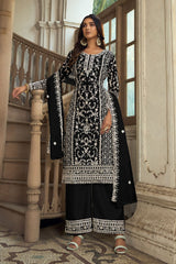 Women's Black Net Embroidered Dori Salwar Kameez Suit Set