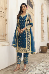 Women's Dark-teal Net Thread Embroidery Zari Work Salwar Kameez Suit Set