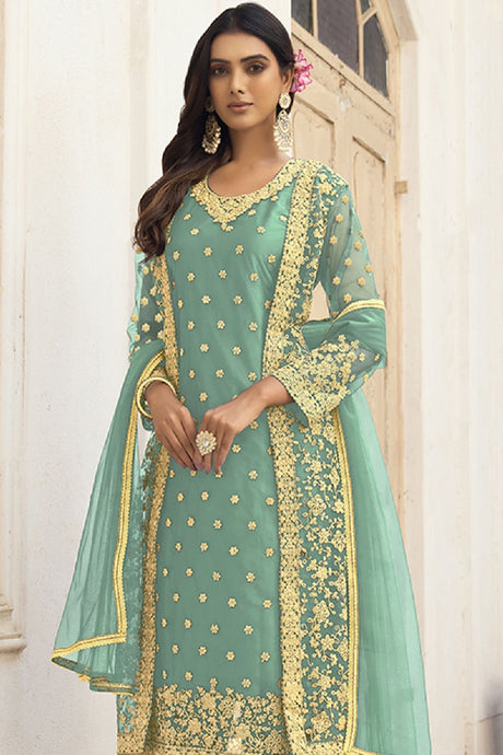 Women's Sea-green Net Thread Embroidery Zari Work Salwar Kameez Suit Set