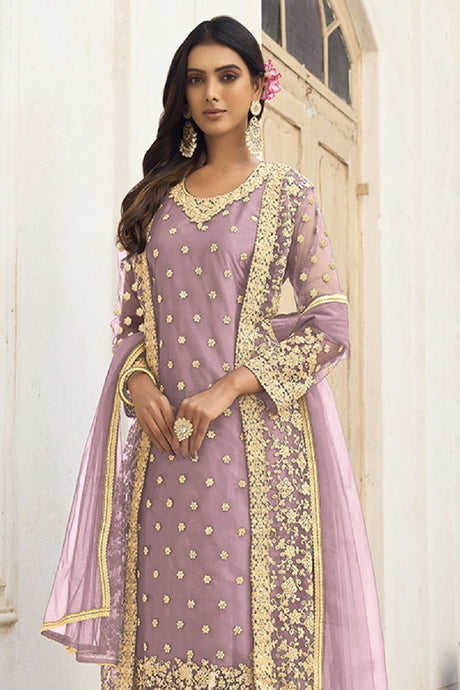 Women's Light-lilac Net Thread Embroidery Zari Work Salwar Kameez Suit Set